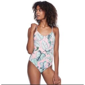 Eidon Pink Tropical Leaf Print Ribbed One Piece Swimsuit Women's Size large